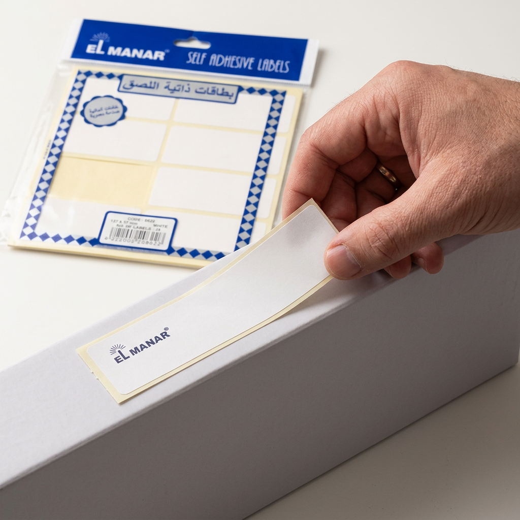 Applying El Manar 137x37mm white strip label to storage box