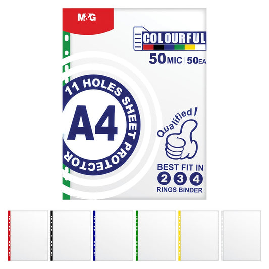 M&G Chenguang A4 11-Hole U-Shape File Sleeves, Secure Binder Filing, Durable 50-Micron Plastic 50pcs - No:ADM945J8