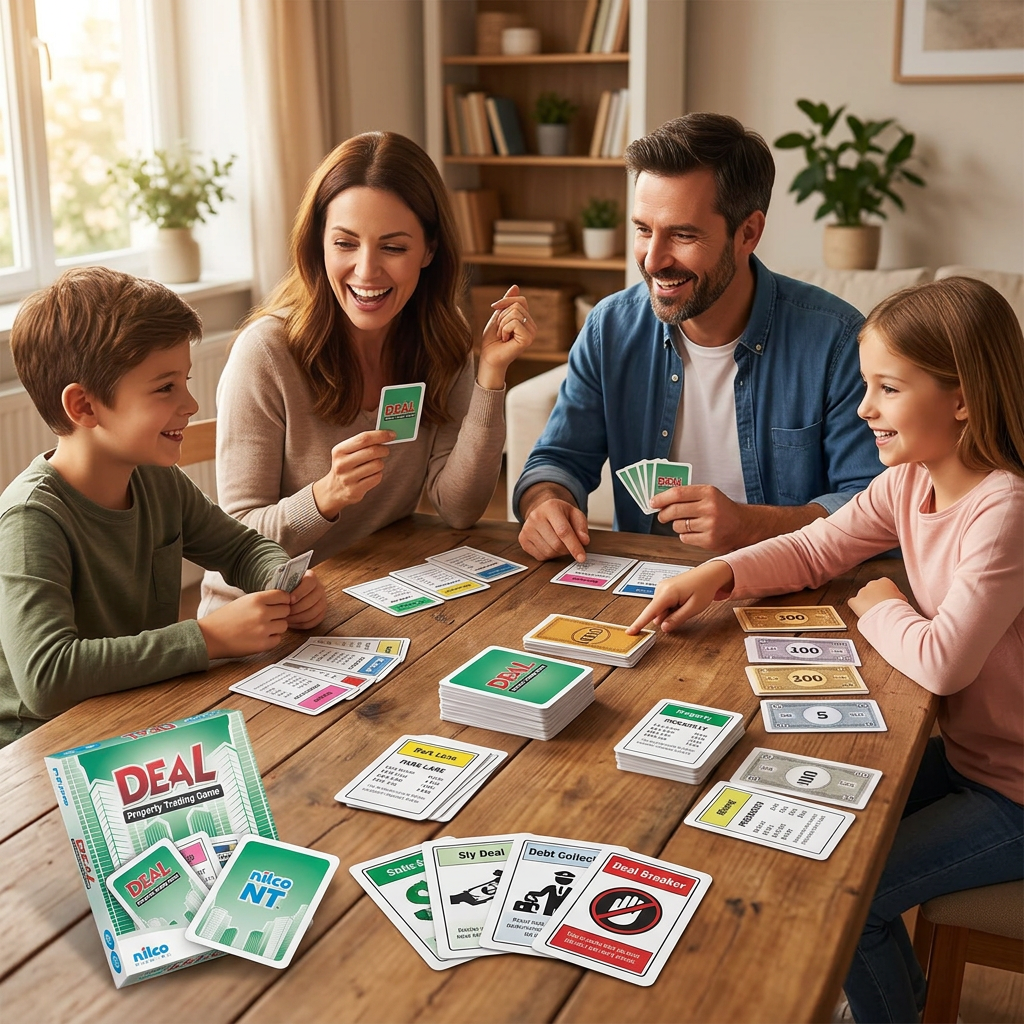 Family playing the Nilco Deal property trading card game