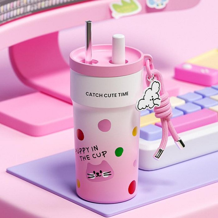 500ml Stainless Steel Insulated Tumbler with Straw & Tea Infuser – Puppy Design, Leakproof Thermal Travel Cup