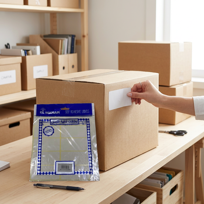 Labeling a carton box with El Manar white 72x36mm self-adhesive label
