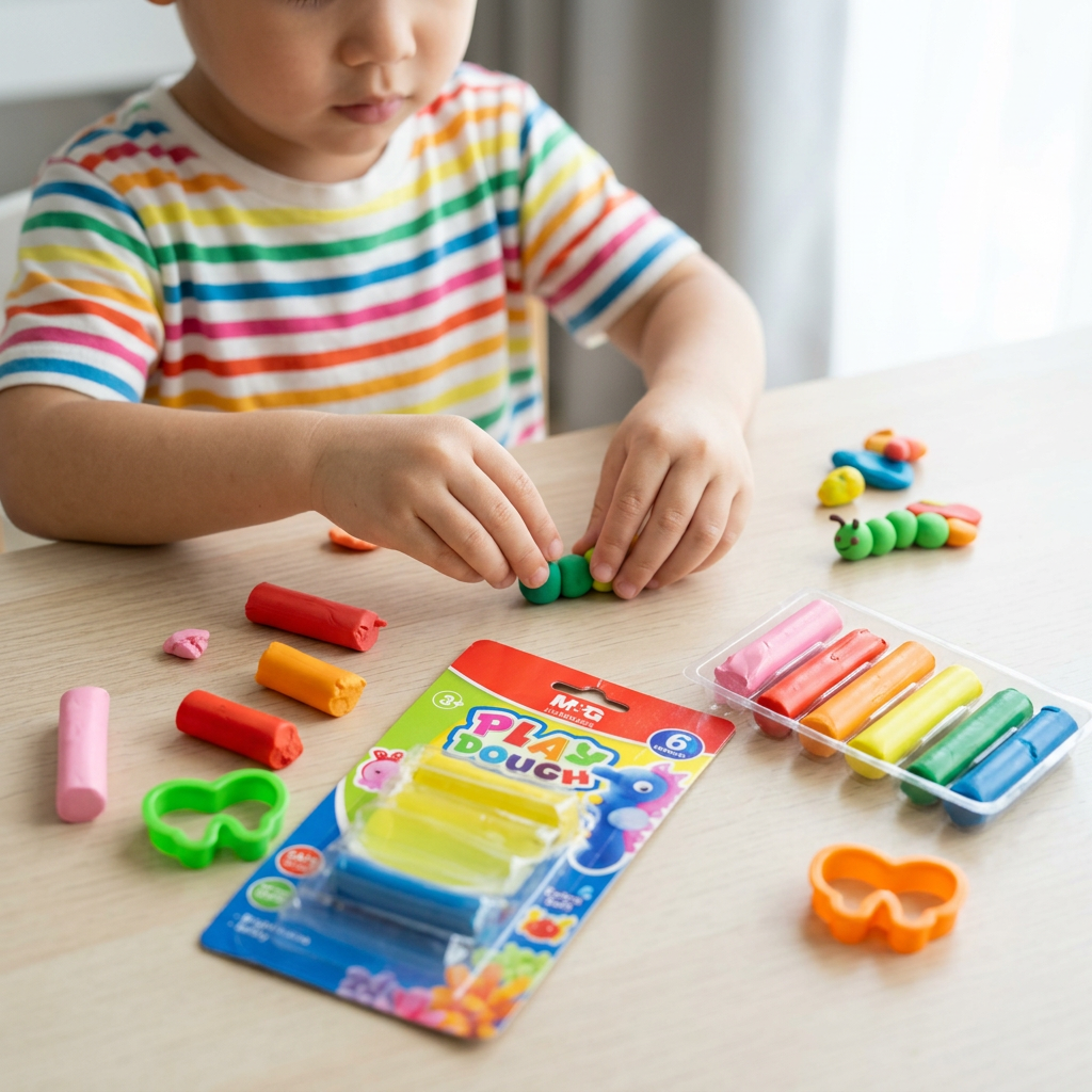 Child molding figures with the M&G play-dough plasticine set