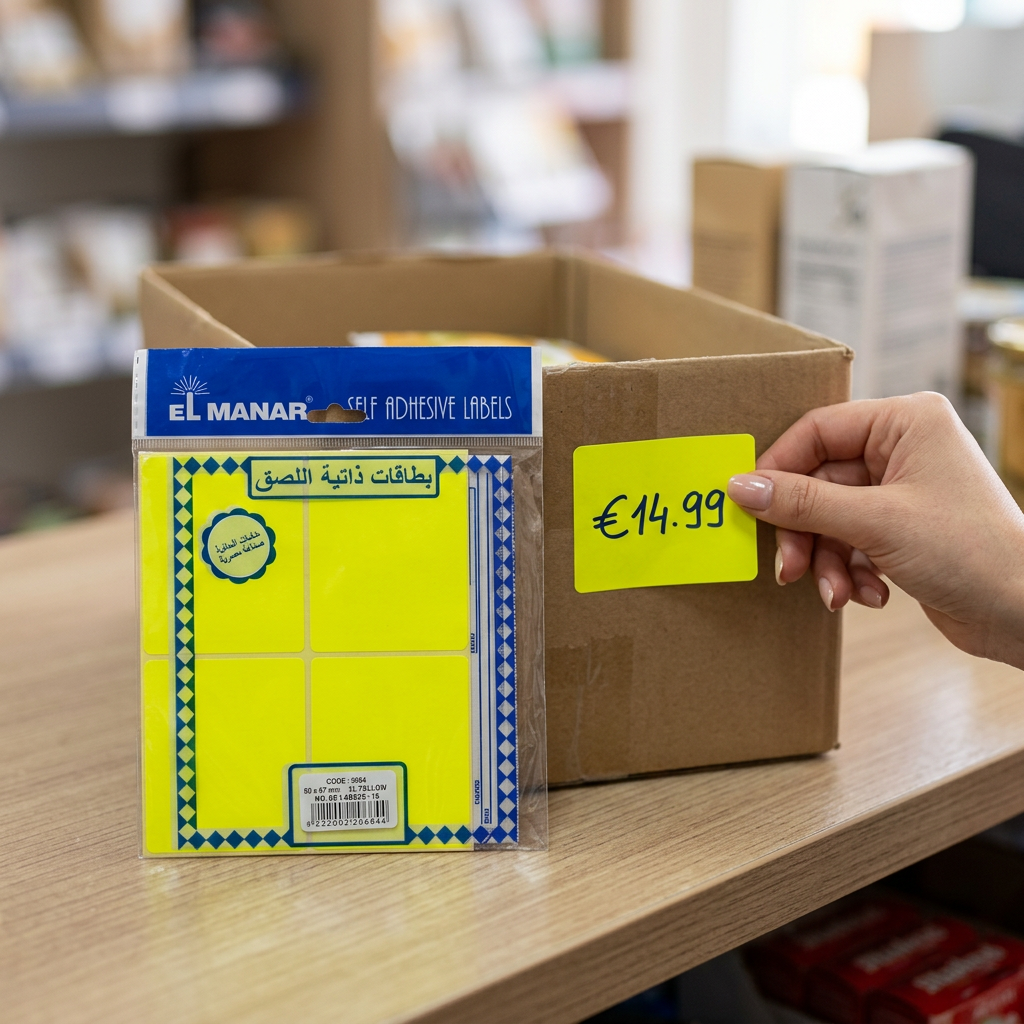 Pricing a carton box with El Manar fluorescent yellow self-adhesive label