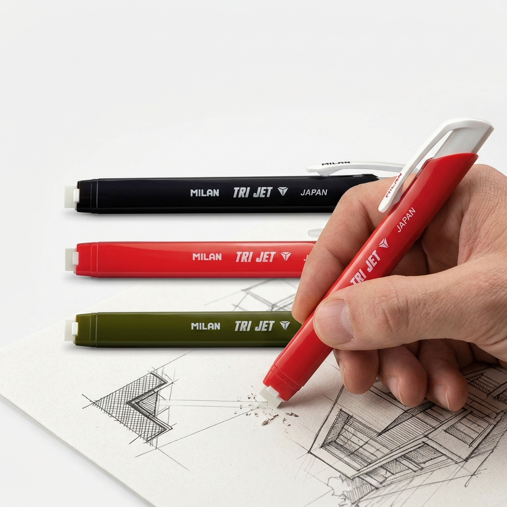 Milan Tri-Jet eraser pen in use erasing a pencil mark on a sketch