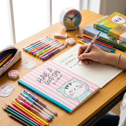 Student writing quick notes in M&G Chenguang So Many Cats glued notebook on a colorful desk