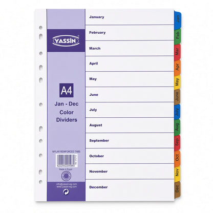 Yassin A4 Monthly Color Dividers Jan–Dec, 12-Tab Index Separators with Mylar Reinforced Tabs - No: 2712