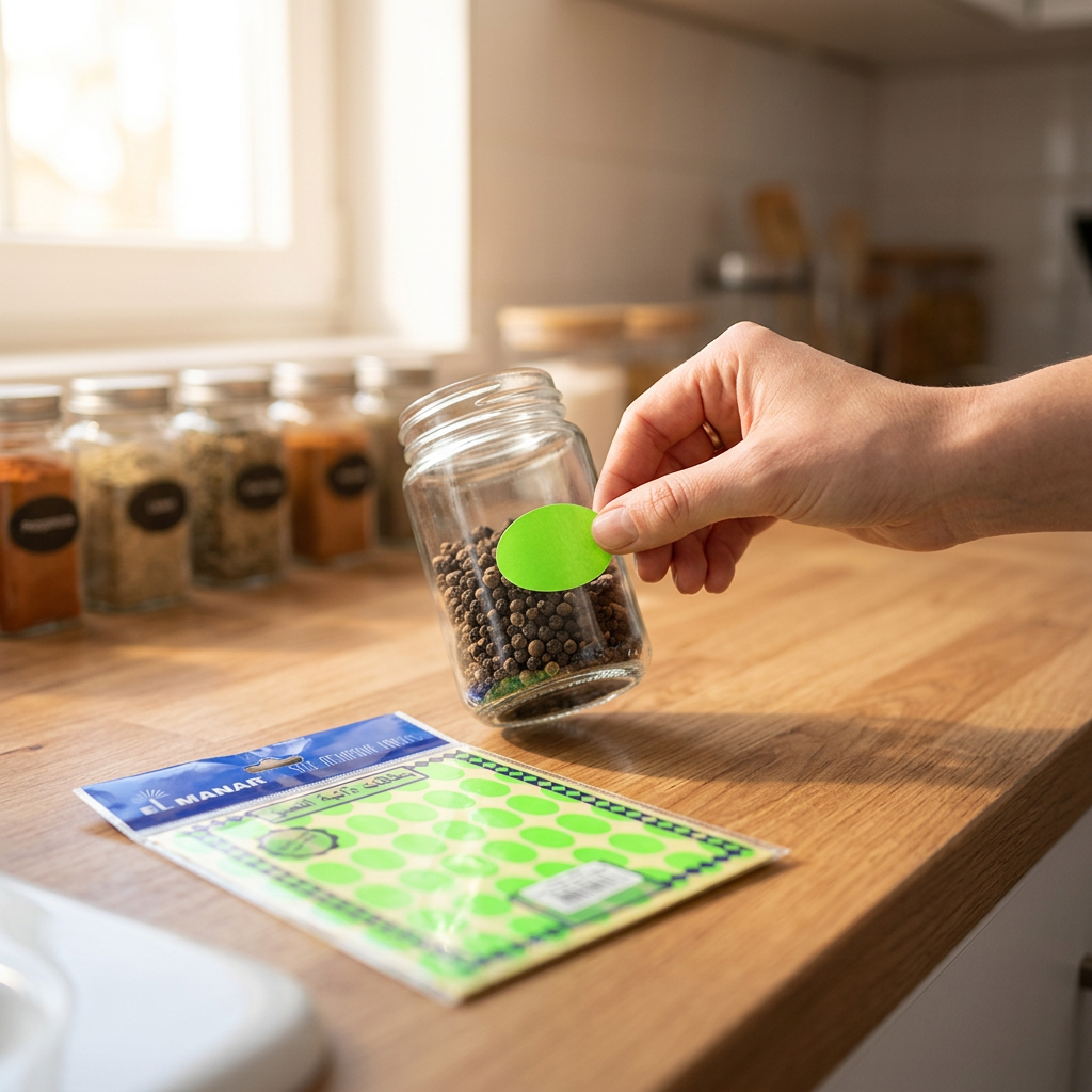 Applying an El Manar oval label to a glass storage jar