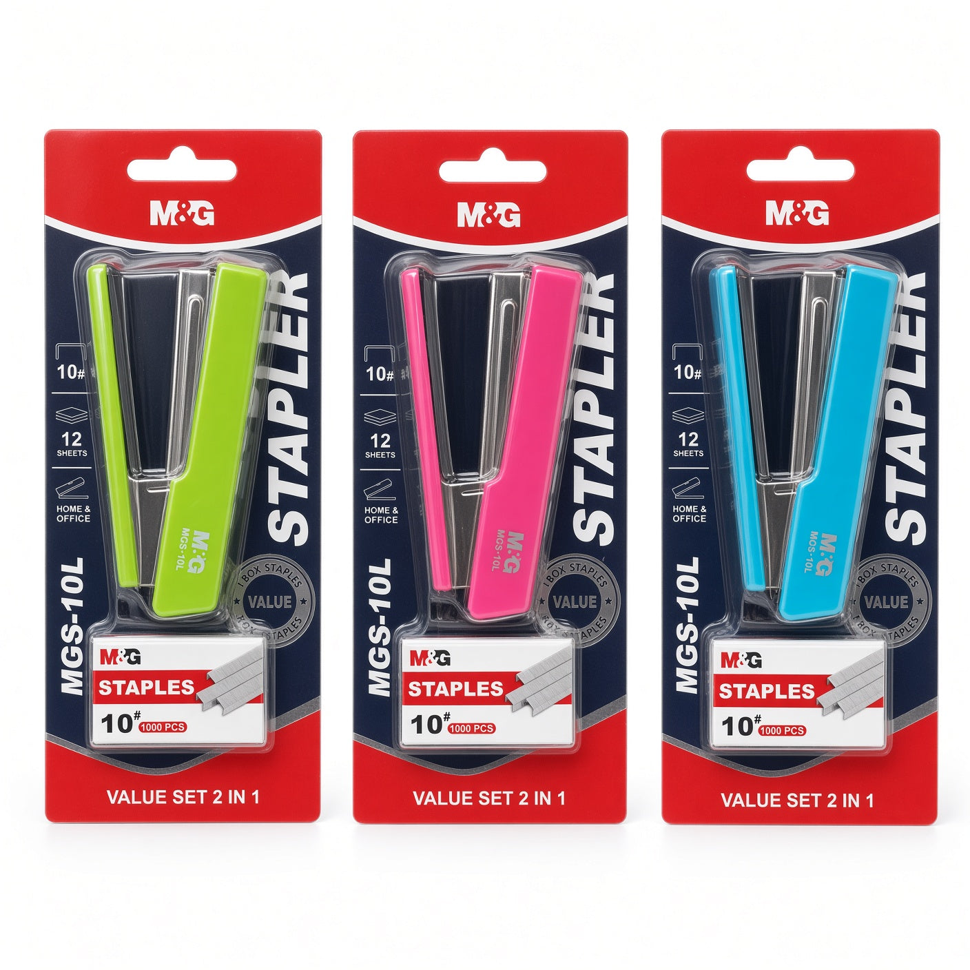 M&G Chenguang MGS-10 Mini Stapler Set with 1000 No. 10 Staples – Compact 2-in-1 Value Set, Assorted Colors - 1pcs - No: ABS916MG