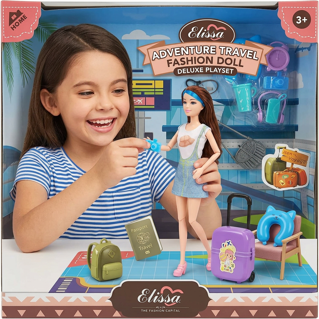 Girl playing with the Elisa adventure travel fashion doll deluxe playset