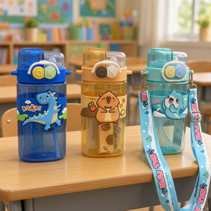 Cute Kids Cartoon Water Bottle with Straw & Carry Strap  2 in 1 Straw and Light Wide Capacity Cartoon Square Drinking Cup with Binoculars for Students - Double Cup Leak Proof Safe Lid – 520ml - 1pcs
