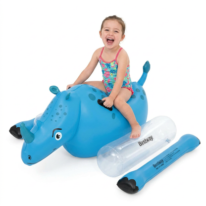 Child riding the Bestway inflatable rhino ride-on water float in a pool