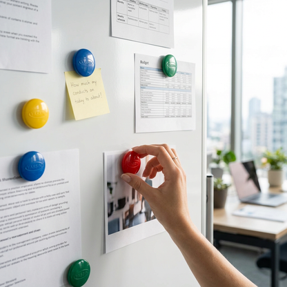 Yassin colorful 40mm whiteboard magnets holding notes on an office whiteboard