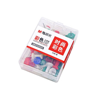 علبة بلاستيكية من دبابيس التثبيت الملونة من إم آند جي تشنغوانغ للمكاتب، تحتوي على 35 دبوس تثبيت - رقم المنتج: ABS92605