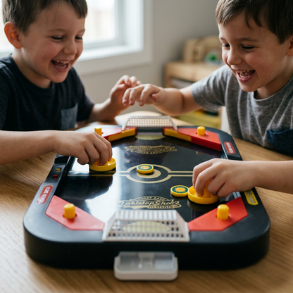 Two kids playing the tabletop air hockey game