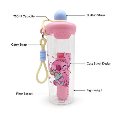 Cute Cartoon Water Bottle with Straw & Carry Strap – 750ml - 1pcs - Assorted Color