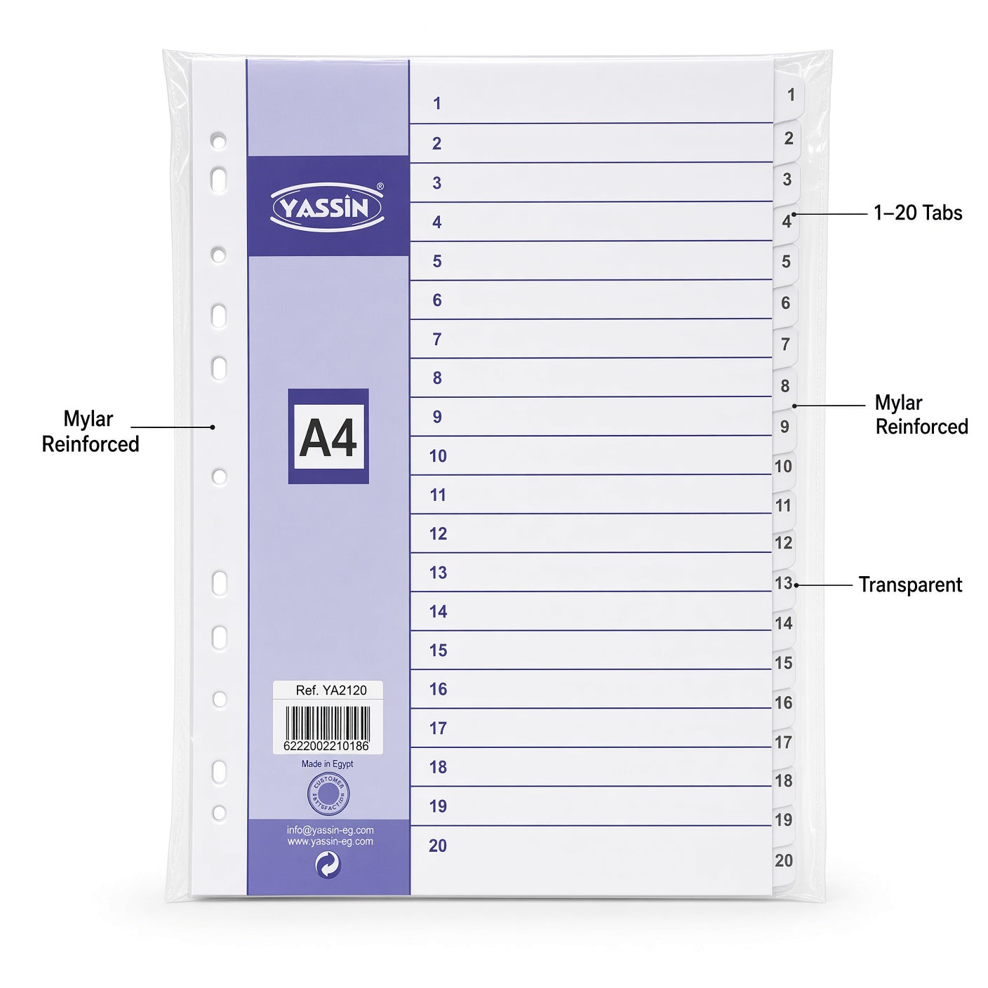 Yassin A4 Transparent Dividers 1–20, 20-Tab Index Separators with Mylar Reinforced Tabs - No: 2120