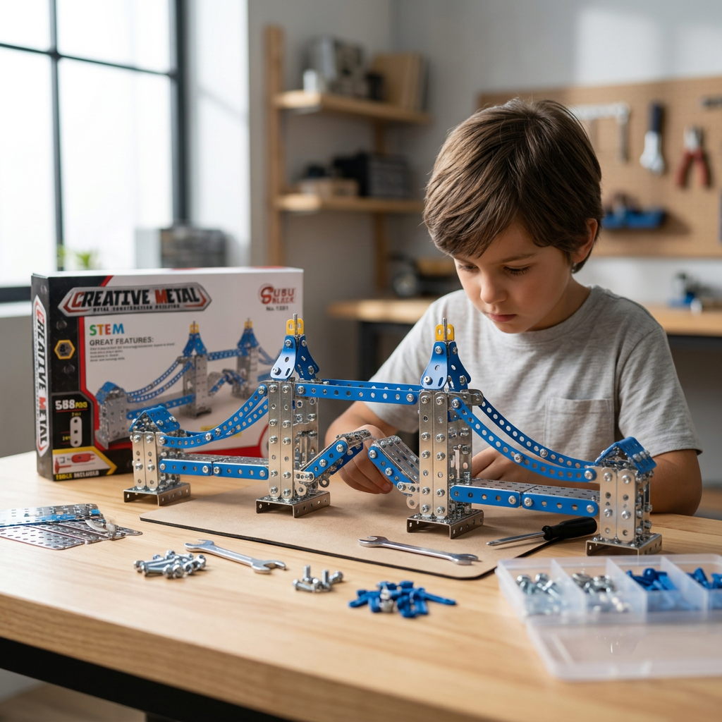 Child assembling the creative metal tower-bridge construction model