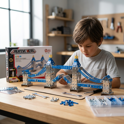 Child assembling the creative metal tower-bridge construction model