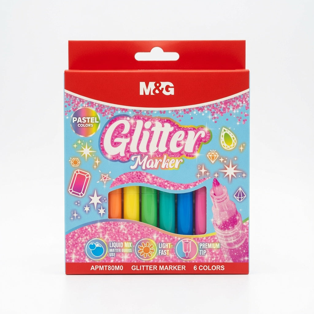 M&G Chenguang Glitter Markers Set – 6 Pastel Glitter Colours, Premium Fine Tip, Quick Dry, Liquid Glitter Ink for Crafts, Cards & Creative Art - No: APMT80M0