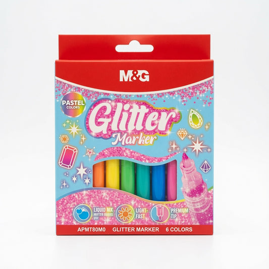 M&G Chenguang Glitter Markers Set – 6 Pastel Glitter Colours, Premium Fine Tip, Quick Dry, Liquid Glitter Ink for Crafts, Cards & Creative Art - No: APMT80M0