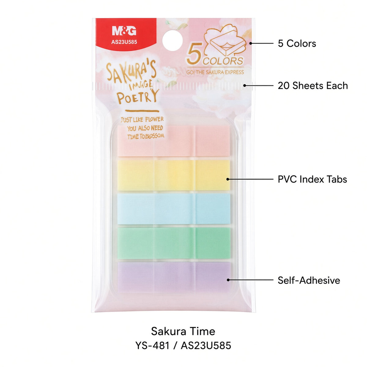 M&G Chenguang Sakura Time Sticky Page Markers – 5 Colors, 20 Sheets, PVC Index Tabs – No: YS-481