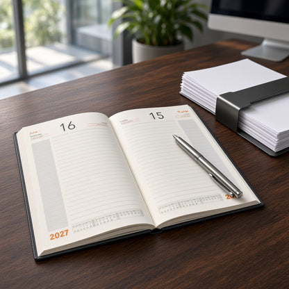 Premium Black Leather 2027 Daily Planner Diary with Paper Holder, Hardcover Notebook, Daily Organizer - 1pcs - Black