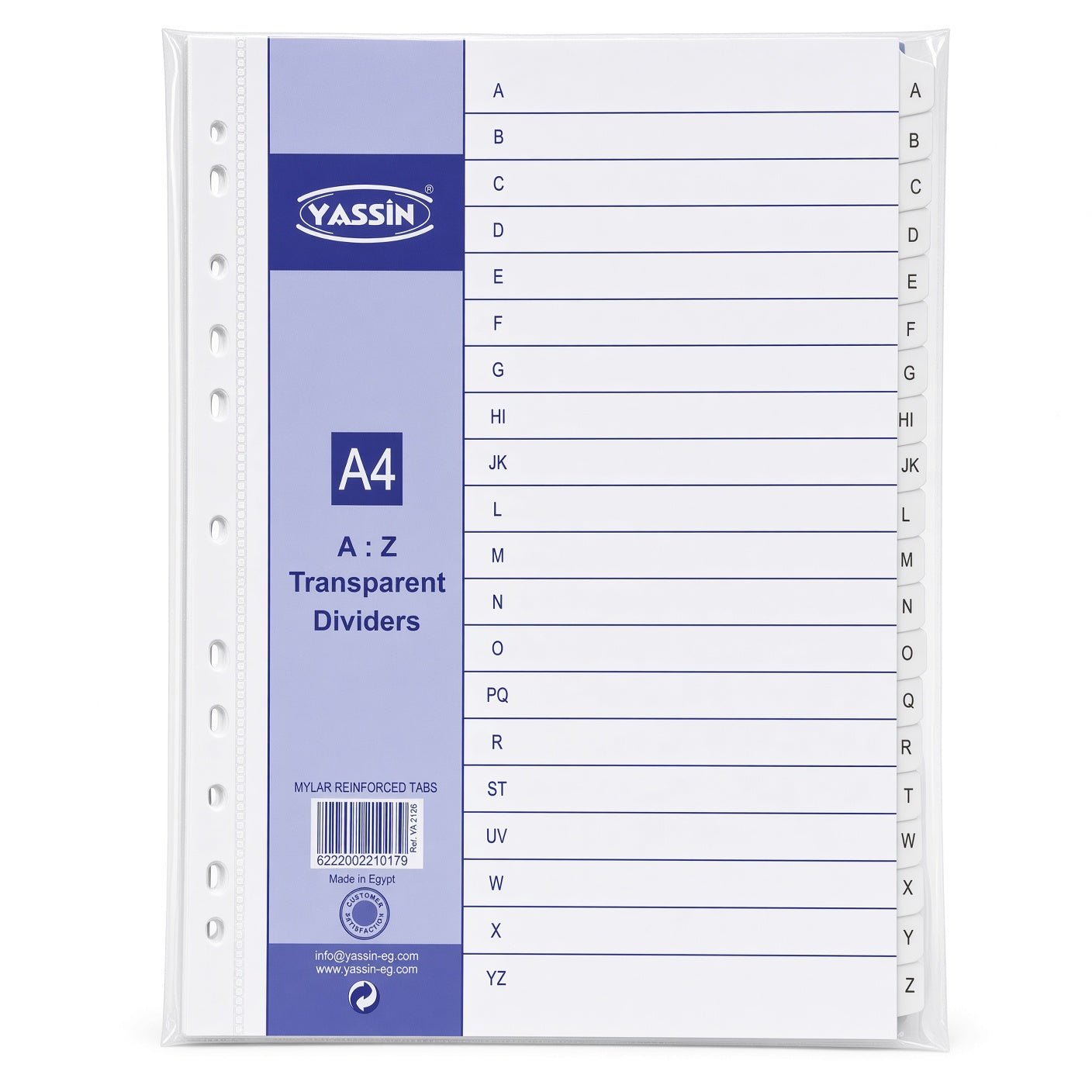 Yassin A4 Transparent Dividers A–Z, Alphabetical Index Separators with Mylar Reinforced Tabs - No: 2126