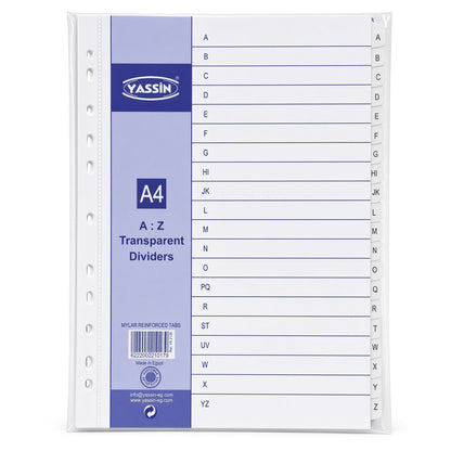 Yassin A4 Transparent Dividers A–Z, Alphabetical Index Separators with Mylar Reinforced Tabs - No: 2126