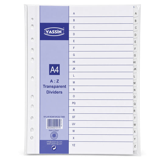 Yassin A4 Transparent Dividers A–Z, Alphabetical Index Separators with Mylar Reinforced Tabs - No: 2126