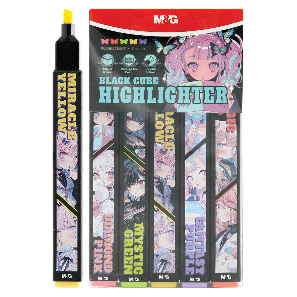 M&G Chenguang Highlighter BLACK CUBE fluorescent Fantasy Set of 5 - No:AHMU1675