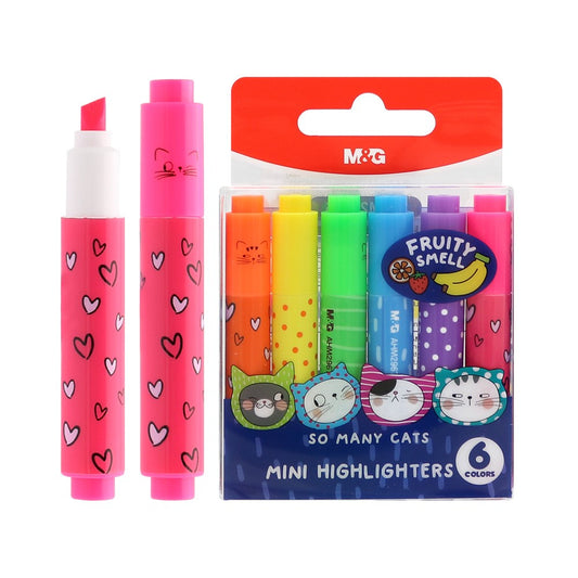 M&G Chenguang Mini Highlighter Set – 6 Fruity Scented Neon Highlighters, Chisel Tip, Cute "So Many Cats" Design for School, Office & Journaling - No: AHM29676