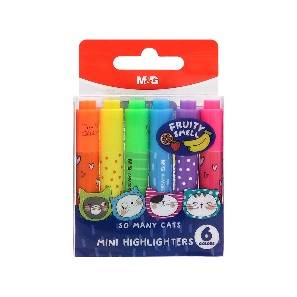 M&G Chenguang Mini Highlighter Set – 6 Fruity Scented Neon Highlighters, Chisel Tip, Cute "So Many Cats" Design for School, Office & Journaling - No: AHM29676