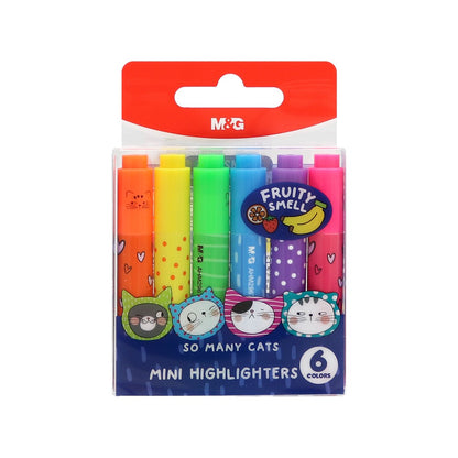 M&G Chenguang Mini Highlighter Set – 6 Fruity Scented Neon Highlighters, Chisel Tip, Cute "So Many Cats" Design for School, Office & Journaling - No: AHM29676