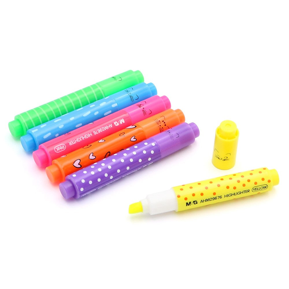 M&G Chenguang Mini Highlighter Set – 6 Fruity Scented Neon Highlighters, Chisel Tip, Cute "So Many Cats" Design for School, Office & Journaling - No: AHM29676