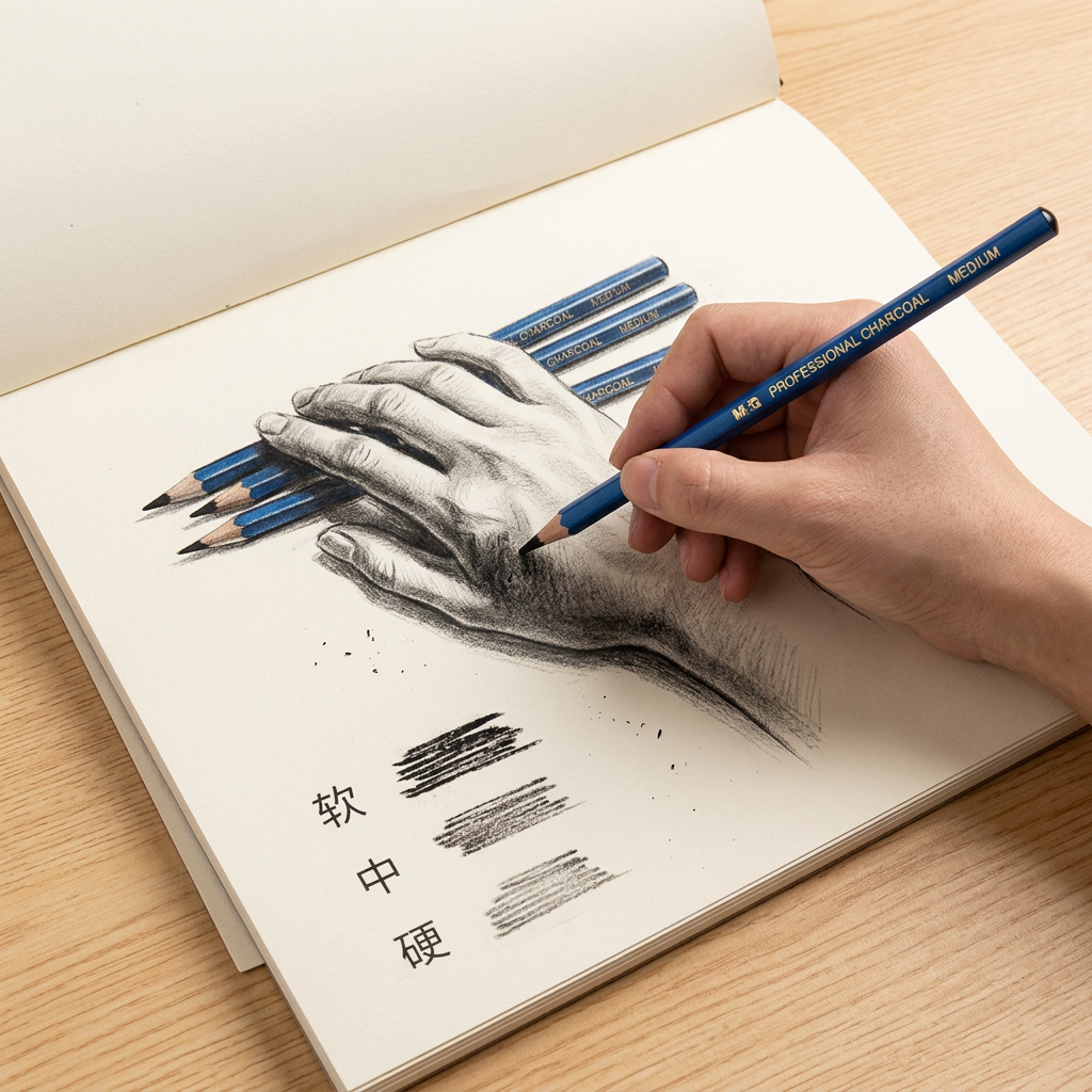 Hand shading a sketch with the M&G professional charcoal pencil
