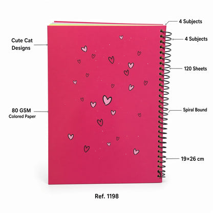YASSIN So many cats Spiral Notebook – Colored Paper, 4 Subjects, 120 Sheets, 19 × 26 cm, 80 GSM  - 1pcs - No: 1198