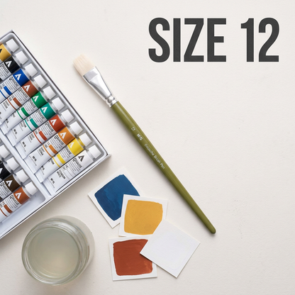 M&G gouache brush size 12 flatlay with paint set and swatches