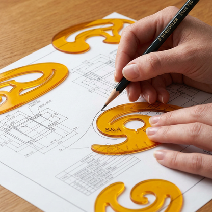 S&A french curve ruler in use drawing a curved line on a technical drawing