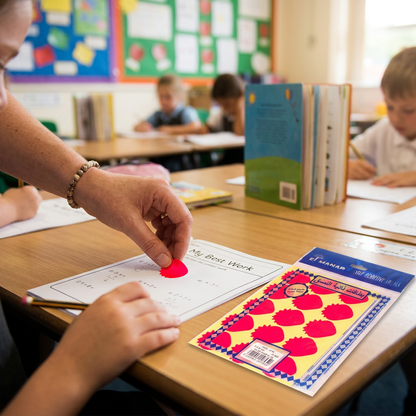 Teacher placing an El Manar red strawberry reward sticker on a worksheet