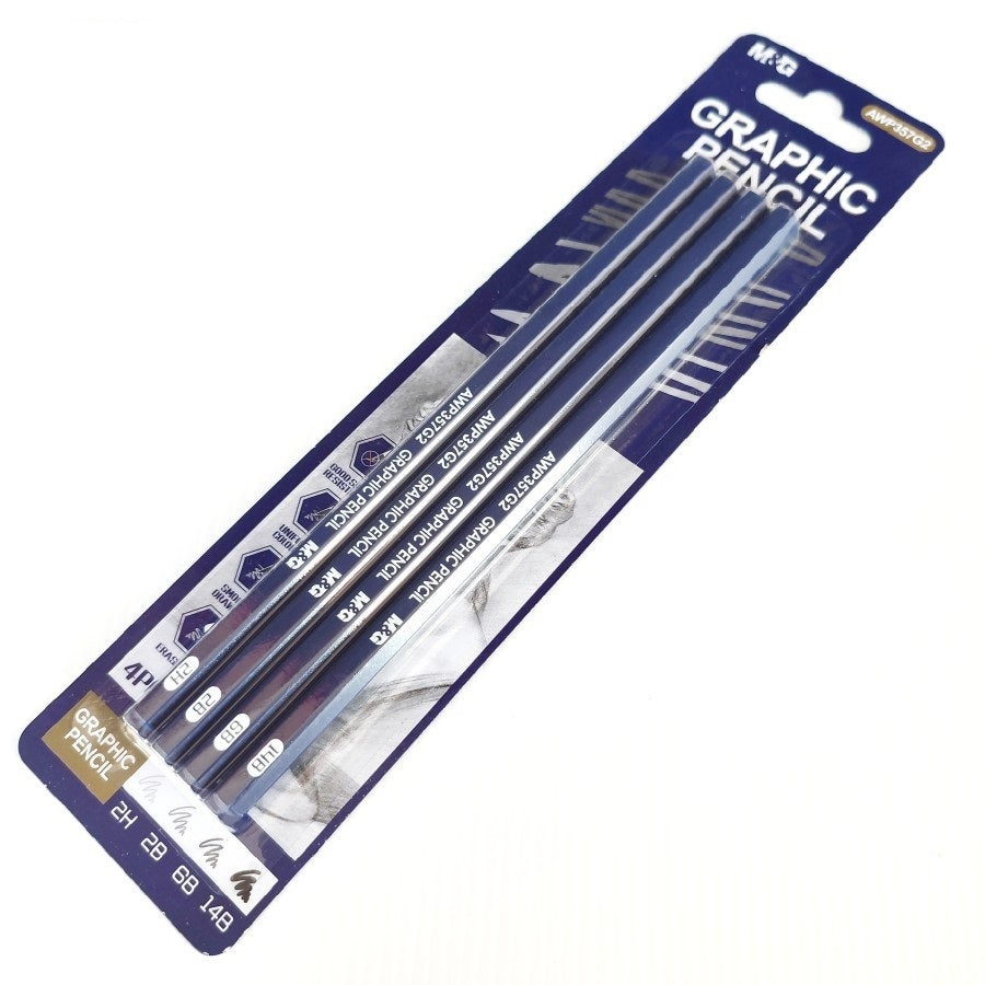 مجموعة أقلام رصاص من إم آند جي، 4 أقلام رصاص للرسم (2H-2B-6B-14B) رقم: AWP357G2