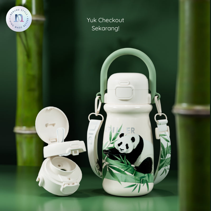 DILLER Panda Vacuum Insulated Water Bottle with Carry Strap & Handle – 520ml