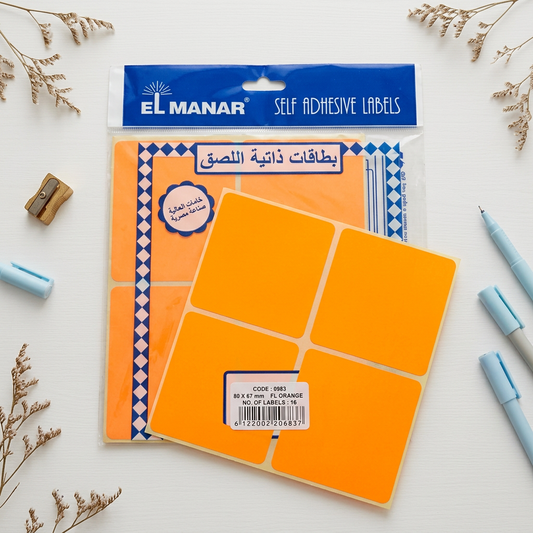 El Manar fluorescent orange 80x67mm labels pack flatlay with sale price label