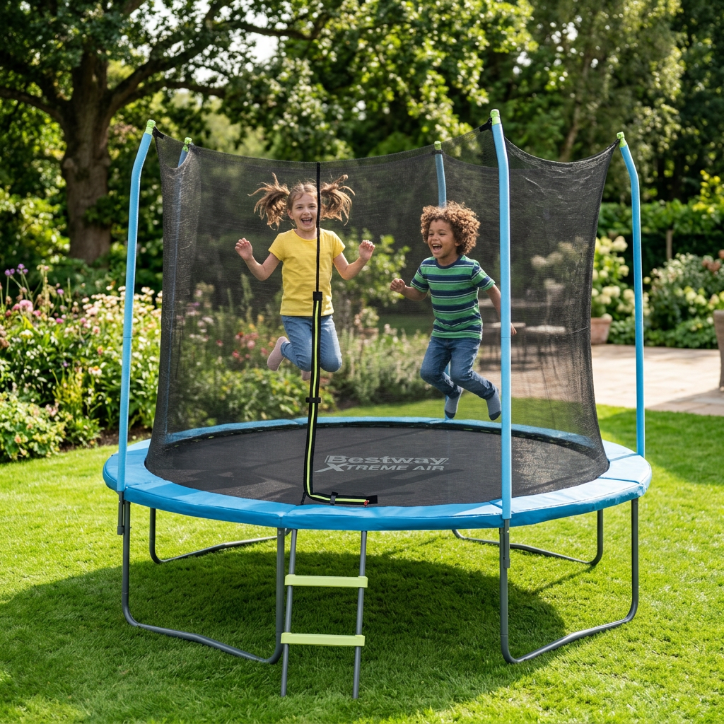 Kids jumping on the Bestway Xtreme Air trampoline with safety net in a backyard