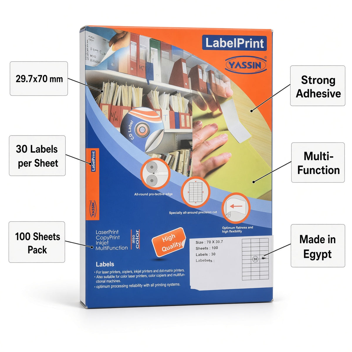 Yassin Professional Medium Adhesive Label Sticker, 29.7x70 mm With Premium Material - Size: A4 - 30 Labels in Sheet - 100 sheets - No: 0724
