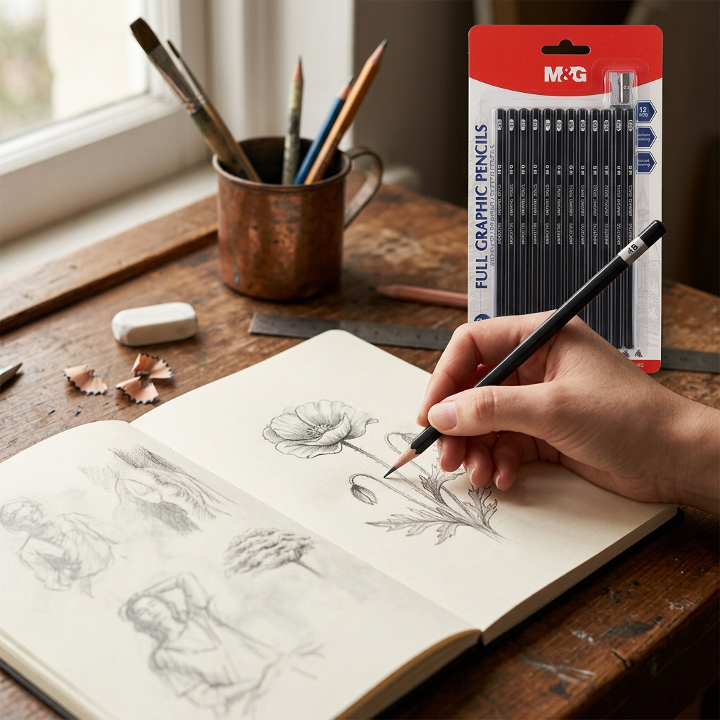 Hand sketching with an M&G black graphite pencil, 12-pencil set nearby