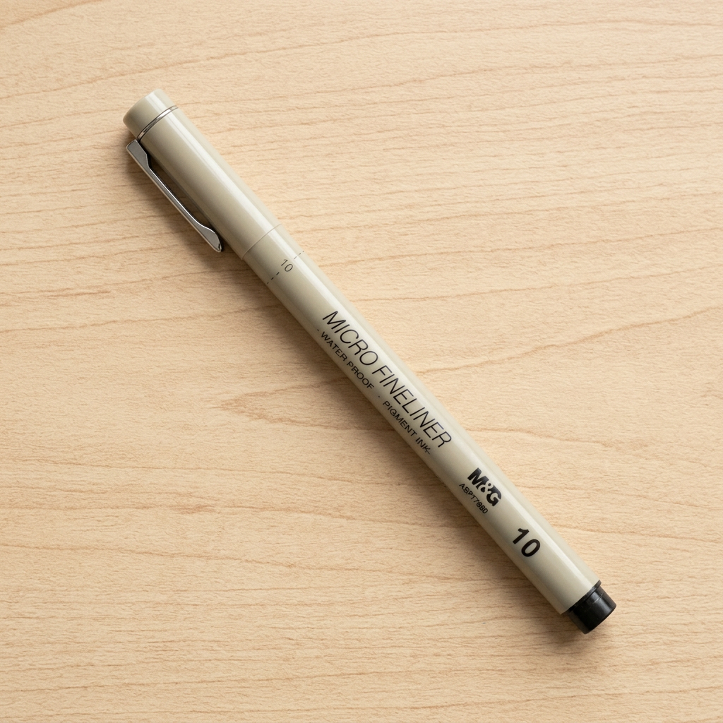 M&G micro fineliner pen 1.0mm flatlay with line-art drawing