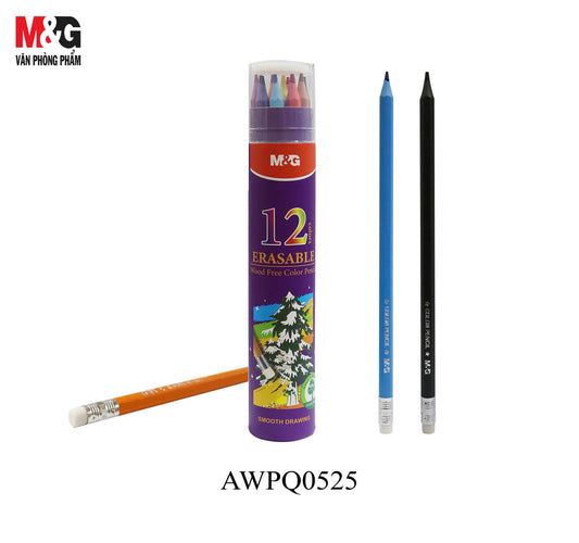 M&G Chenguang Erasable Colored Pencils Set – 12 Colors, Wood-Free Color Pencils with Eraser Tips, Smooth Drawing - No: AWPQ0525