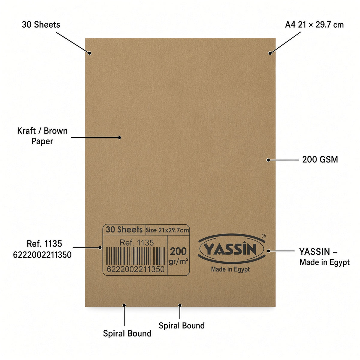 Yassin A4 Spiral Brown Craft Paper Sketch Book, 30 Sheets, 200 GSM – 1 pcs - No: 1135