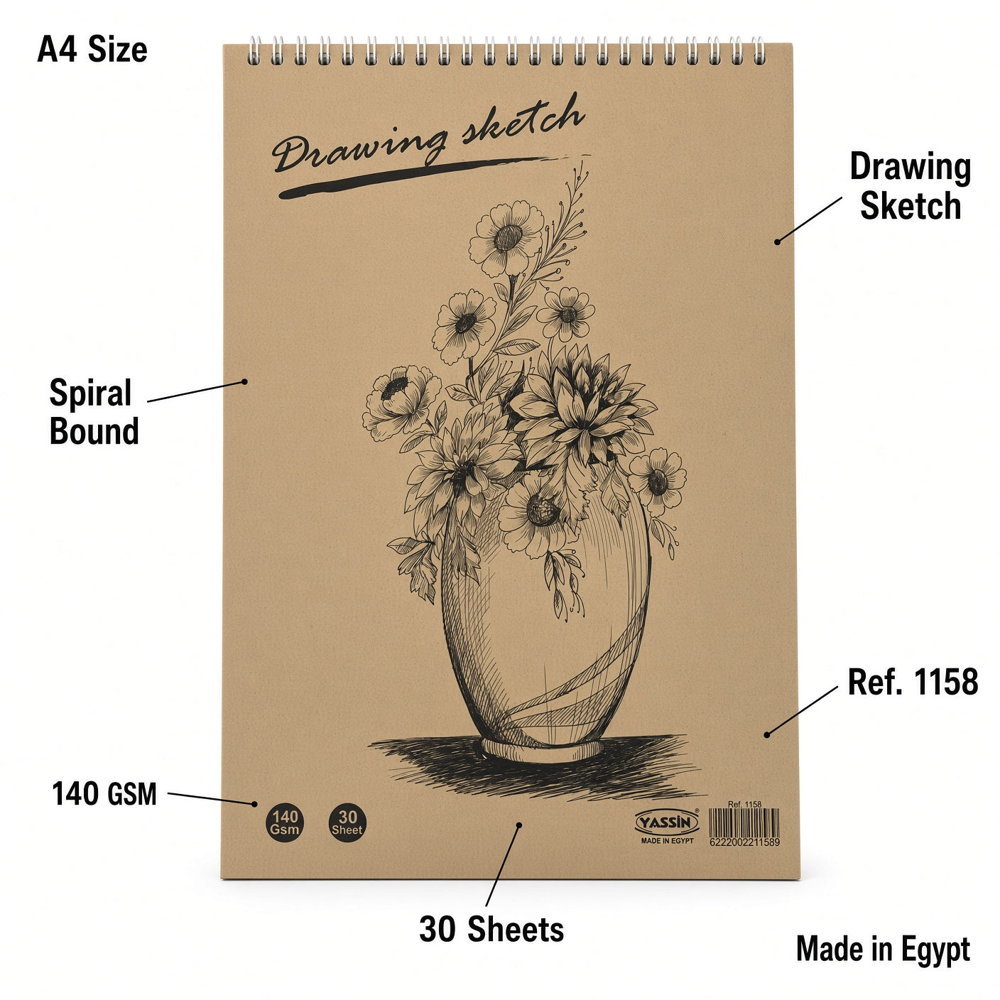 Yassin Spiral Drawing Sketchbook – 30 Sheets White Paper , 140 GSM, Spiral Bound - Size A4 - No: 1158