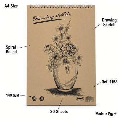 Yassin Spiral Drawing Sketchbook – 30 Sheets White Paper , 140 GSM, Spiral Bound - Size A4 - No: 1158
